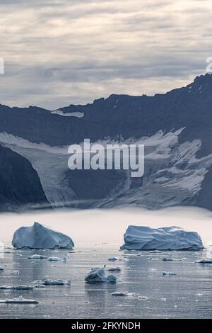La glace de mer et les icebergs ont vêlé du glacier Christian IV, dans le fjord Nansen, à l'est du Groenland. Banque D'Images
