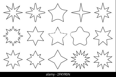 Ensemble d'icônes simples en forme d'étoile, ligne noire, fond blanc. Badges de prix. Éléments pour la décoration de cartes postales, vaisselle, carnets, scrapbooking. Étiquettes de prix. Illustration de Vecteur