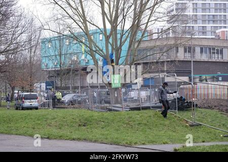 Les manifestants pour l'environnement occupent un arbre dont l'abattage est prévu par le conseil de Wandsworth pour permettre des travaux de régénération dans la région. Banque D'Images