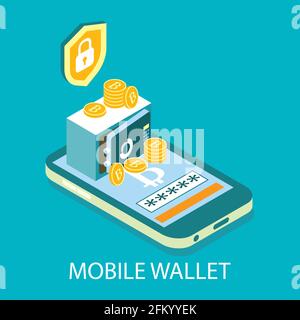 Portefeuille crypto-monnaie mobile, illustration isométrique vectorielle. Stockage numérique de l'argent. Portefeuille de pièces de crypto-monnaie en ligne. Illustration de Vecteur