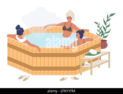 Des femmes heureuses appréciant le canon, bain à remous japonais, illustration vectorielle plate. Station thermale, sauna, bains de thérapie. Illustration de Vecteur