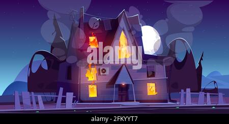 Feu dans la maison la nuit, chalet de banlieue en feu avec une flamme dans les fenêtres. Longues langues flamboyantes qui font rage dans l'immobilier campagne bâtiment . Accident dangereux à la maison, illustration vectorielle de dessin animé Illustration de Vecteur