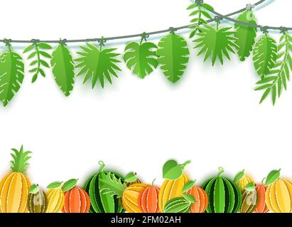 La guirlande de feuilles tropicales d'été et les agrumes bordent le style de coupe de papier. Collection Craft Jungle plants accrochée sur une corde sur fond blanc Illustration de Vecteur