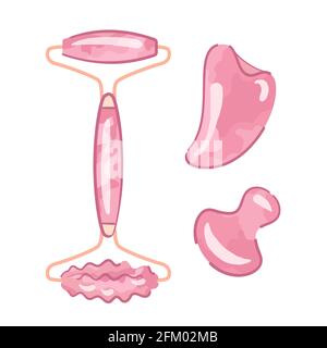 Ensemble d'outils pour le massage Gua Sha. Rouleau et racloirs rose Quartz Gua sha. Accessoires pour les routines de beauté à la maison et d'auto-soins, alternative nedicine Illustration de Vecteur