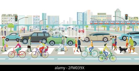 Paysage de la ville avec circulation routière et piétons sur le passage à Zébra, illustration Illustration de Vecteur