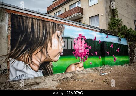 Ein Graffiti an einer alten Mauer zeigt ein Mädchen, welches wie bei einer Pusteblume ein coronavirus anpustet, welches dann auseinander fliegt. Ein s Banque D'Images