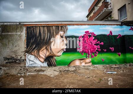 Ein Graffiti an einer alten Mauer zeigt ein Mädchen, welches wie bei einer Pusteblume ein coronavirus anpustet, welches dann auseinander fliegt. Ein s Banque D'Images