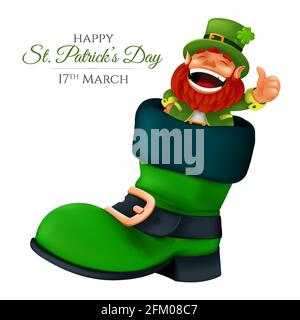 Un joli lepretchun barbu qui s'entaille dans la chaussure et qui montre les pouces vers le haut. Illustration vectorielle de la mascotte naine en riant pour la Saint Patrick's Day isolée le Illustration de Vecteur