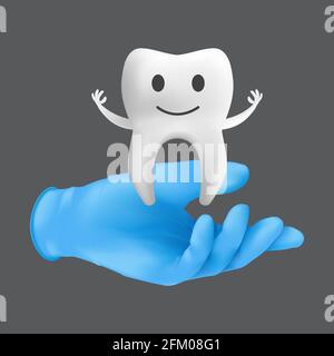 Main de dentiste portant un gant de protection chirurgical bleu tenant un modèle de la dent en céramique. illustration vectorielle 3d réaliste de la dentisterie des enfants Illustration de Vecteur