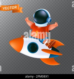 Un petit enfant dans le casque de l'astronaute roule sur une fusée volante. Illustration vectorielle d'un garçon heureux avec un vaisseau spatial isolé sur un fond transparent Illustration de Vecteur