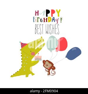 Carte d'anniversaire avec animaux adorables célébrant les fêtes Illustration de Vecteur