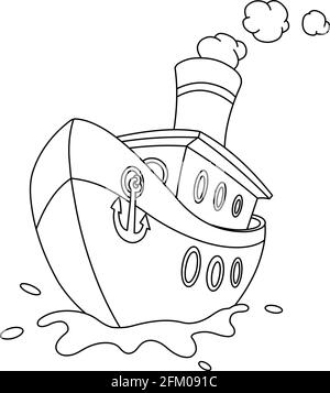 Bateau à vapeur avec contour et ancrage à l'avant. Page de coloriage d'illustration d'illustration vectorielle. Illustration de Vecteur