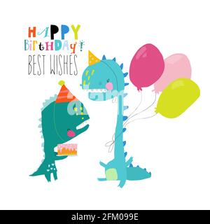 Carte d'anniversaire avec de jolis dinosaures célébrant les fêtes Illustration de Vecteur