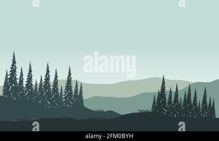 Superbe vue panoramique sur les montagnes le matin avec la silhouette des pins environnants. Illustration vectorielle d'une ville Illustration de Vecteur
