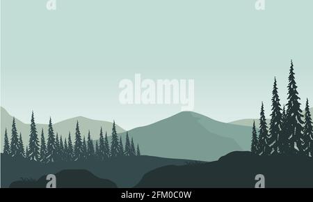 Belle vue panoramique sur les montagnes le matin avec la silhouette des pins environnants. Illustration vectorielle d'une ville Illustration de Vecteur