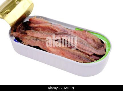 Filets de poisson d'anchois en conserve isolés sur fond blanc Banque D'Images