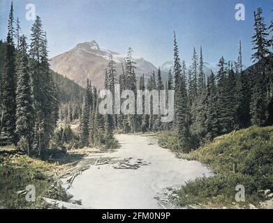 Le Canada, la rivière Illecilliwaet, aussi la rivière Illecillewaet traverse un paysage boisé, en arrière-plan les montagnes de la chaîne Hermit au Glacier, les montagnes de la Colombie-Britannique / Kanada, la rivière der Illecillewaet, la rivière Auch Illecillewaet, la rivière faußt durch bewaldete Landschaft, im hintergrund die Berge, le Glacier mit Herge Berge en Colombie-Britannique, vers 1880, historique, numérique reproduction améliorée d'un original du 19e siècle / numérique Reproduktion einer Originalvorlage aus dem 19. Jahrhundert, Originaldatum nicht bekannt Banque D'Images