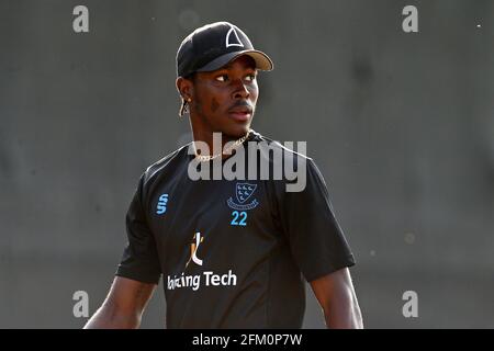 Jofra Archer de Sussex pendant Essex Eagles vs Sussex Sharks, Viality Blast T20 Cricket au terrain du comté de Cloudfm le 4 juillet 2018 Banque D'Images