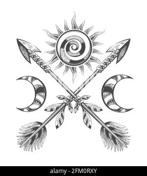 Illustration ésotérique de la Lune du Soleil et des flèches dessinées en style tatouage. Illustration vectorielle Illustration de Vecteur