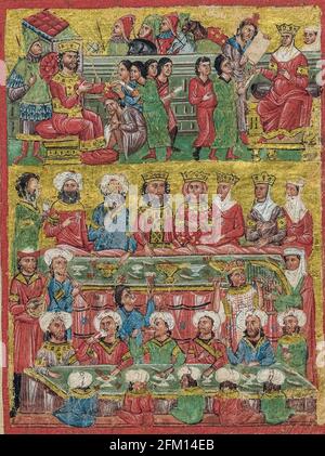 Un petit manuscrit grec miniature du XIVe siècle décrivant des scènes de la vie d'Alexandre le Grand, cette scène montre des musiciens grecs byzantins et divers instruments de musique. La scène est entièrement représentée de façon byzantine de la période. Période byzantine tardive (1204-1453). « Alexandre Romance » dans S. Giorgio dei Greci à Venise. Banque D'Images