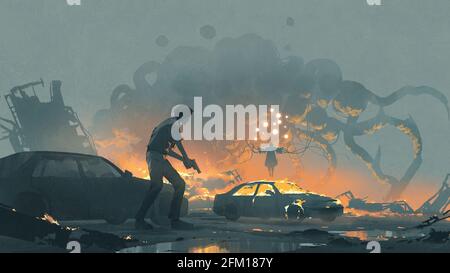 homme avec un fusil regardant l'homme mystérieux flottant dans l'air avec le pouvoir mauvais, style d'art numérique, peinture d'illustration Banque D'Images