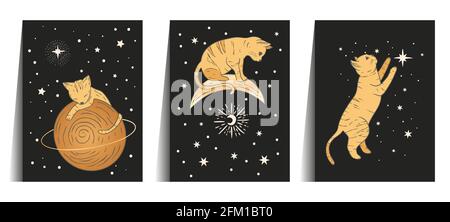 Jeu de cartes d'astrologie sacrées pour animaux de chat célestes. Boho ésotérique or Art. Or, et bannière noire avec lune et étoile. Illustration de Vecteur