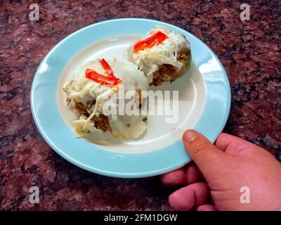 Zapallitos (variété Argentine de citrouille) fourré de viande hachée et couvert de fromage mozzarella Banque D'Images