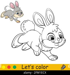 Joli petit lapin sautant. Personnage de dessin animé lapin. Page de livre de coloriage avec modèle coloré. Illustration avec contour vectoriel isolé. Pour le livre de coloriage, pré Illustration de Vecteur