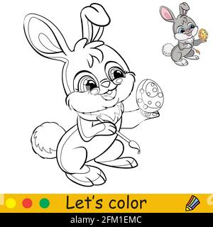 Le lapin teinte un œuf de pâques. Personnage de dessin animé lapin. Page de livre de coloriage avec modèle coloré. Illustration avec contour vectoriel isolé. Pour colorier b Illustration de Vecteur