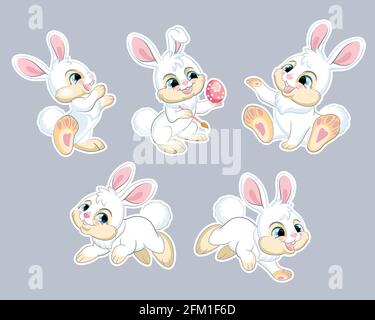 Ensemble de jolis lapins blancs de dessin animé. Illustration vectorielle isolée. Pour carte postale, affiches, création de pépinière, carte de vœux, autocollants, décoration de chambre, fête, nu Illustration de Vecteur