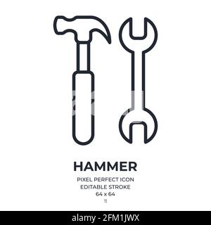 Icône de contour de contour modifiable du marteau isolée sur une illustration vectorielle plate d'arrière-plan blanche. Pixel parfait. 64 x 64. Illustration de Vecteur