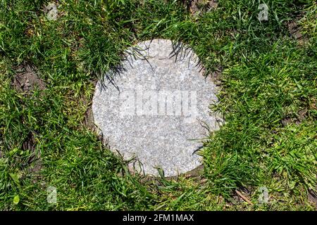 Une pierre ronde dans l'herbe à l'arrière-cour Banque D'Images