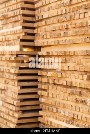 Stockage de piles de bois sur la scierie. Les planches sont empilées dans une boutique de menuiserie. Sciage séchage et commercialisation du bois. Bois de pin pour Banque D'Images