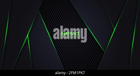 Arrière-plan vectoriel abstrait foncé avec fibre de carbone hexagonale. Fond technologique avec grille en nid d'abeille et lignes lumineuses vertes. Luxe futuriste Illustration de Vecteur