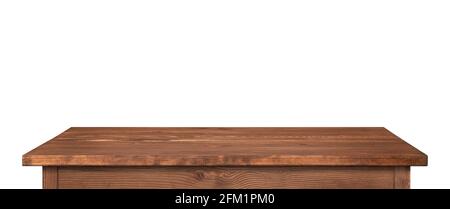 Table en bois ou plan d'examen isolé sur blanc. Table marron foncé comme modèle pour les idées, haute résolution image longue. Banque D'Images