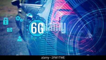 Composition de texte de 6g et d'icônes sur les oscilloscopes et la voiture Banque D'Images