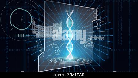 Animation de la numérisation des oscilloscopes, du brin d'adn sur écran et du traitement des données scientifiques en noir Banque D'Images