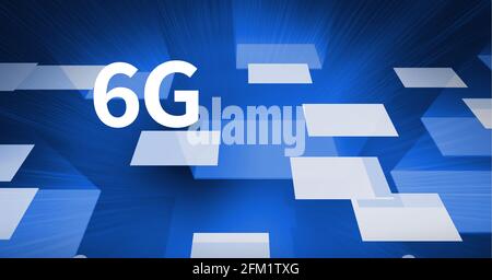 Composition de texte de 6 g sur des rectangles blancs et bleus lumineux sur fond bleu Banque D'Images