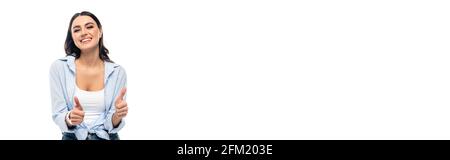 bonne femme en chemise bleue montrant les pouces isolés sur blanc, bannière Banque D'Images