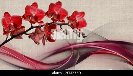 texture de papier peint 3d, orchidées rouges sur texture toile de tissu. Effet mural. Banque D'Images