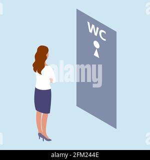 Une femme se trouve devant la porte des toilettes. WC féminin. En attendant leur tour. Illustration isométrique vectorielle Illustration de Vecteur