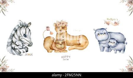 Aquarelle dessin animé mignon avec mignette mignonne hippo, lion, zèbre et bébé, feuilles de fleurs. Motif d'illustration pour mère et bébé. Maman tropicale Banque D'Images