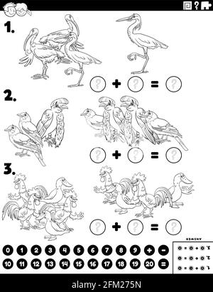 Illustration de dessin animé noir et blanc d'un puzzle éducatif d'addition mathématique tâche avec les personnages animaux de bande dessinée page de livre de coloriage Illustration de Vecteur