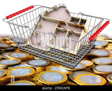 Achat d'appartements. Un panier avec une disposition d'appartement se trouve sur la surface avec des pièces russes. Illustration 3D Banque D'Images
