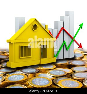 Changements dans les prix de l'immobilier. Graphique avec flèches vertes et rouges de changement de prix avec un symbole maison dorée sur la surface des pièces de rouble russes Banque D'Images