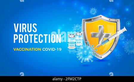 Conception de fond vectoriel avec le vaccin coronavirus. Un bouclier de protection créé par des vaccins contre Covid-19. Protection antivirus. Illustration de Vecteur