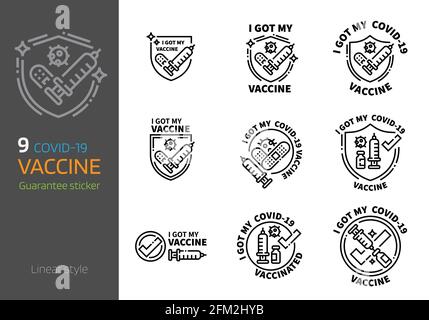 Covid-19 logo de vaccination autocollant design linéaire style. J'ai obtenu mon concept de vaccin contre le virus Corona 2019-nCov. Illustration de Vecteur