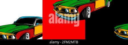 Une voiture d'époque qui traverse la route. Voitures pop art blanches. Illustration dessinée à la main. Couverture rétro. Affiche de voiture. Bannière Sportcar Banque D'Images