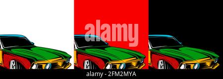 Une voiture d'époque qui traverse la route. Voitures pop art blanches. Illustration dessinée à la main. Couverture rétro. Affiche de voiture. Bannière Sportcar Banque D'Images