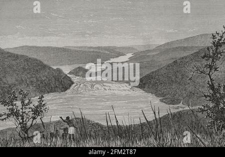 Histoire de l'Afrique. 19e siècle. Chutes Yellala, vue sur la rive gauche. Gravure. El Congo y la Creación del Estado Independiente de este nombre. Historia de los Trabajos y Exploraciones Verificados (le Congo et la fondation de son État libre. Une histoire de travail et d'exploration), par Henry M. Stanley. Édité à Barcelone, vers 1890. Espagne. Banque D'Images